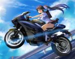  1girl :d backpack bag bangs black_eyes black_hair black_legwear black_skirt blue_sky blurry blurry_background brown_footwear carrying clouds cloudy_sky commentary day depth_of_field dress_shirt dutch_angle ground_vehicle hair_ribbon kiryuu_takahisa loafers long_hair miniskirt motion_blur motor_vehicle motorcycle open_mouth original outdoors pleated_skirt ponytail ribbon riding school_uniform shirt shoes short_sleeves skirt sky smile socks solo vehicle_request wheelie white_ribbon white_shirt wind 