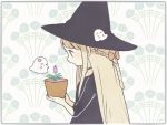  ayu_(mog) black_choker black_dress black_headwear blonde_hair bow braid choker dress floral_background flower ghost hair_bow hat holding long_hair open_mouth plant potted_plant purple_flower red_bow violet_eyes witch witch_hat 