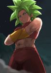  1girl abs arms_under_breasts bangs blue_eyes blurry bracelet breasts closed_mouth cowboy_shot crossed_arms depth_of_field dragon_ball dragon_ball_super dust dust_cloud earrings eyelashes from_below frown green_hair highres jewelry kefla_(dragon_ball) large_breasts light_smile looking_down midriff mountain muscle muscular_female navel night night_sky pants parted_bangs potara_earrings red_pants rock shaded_face short_hair sky solo spiky_hair star_(sky) starry_sky super_saiyan tuzi717 under_boob very_short_hair 