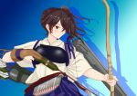  absurdres apron blue_hakama bow_(weapon) brown_eyes brown_hair flight_deck geta hakama hakama_skirt highres japanese_clothes kaga_(kantai_collection) kantai_collection long_hair machinery muneate nitamago_(sakamalh) quiver short_sidetail side_ponytail tasuki tsurime weapon yumi_(bow) 