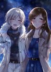  2girls anastasia_(idolmaster) brown_eyes brown_hair closed_eyes coat earrings fur-trimmed_coat fur_trim gen_(enji) highres idolmaster idolmaster_cinderella_girls jewelry long_hair multiple_girls necklace night night_sky nitta_minami open_clothes open_coat open_mouth short_hair silver_hair sky smile 