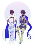  2boys arjuna_(fate/grand_order) arjuna_alter bangs black_eyes brown_hair cloak closed_eyes dark_skin dark_skinned_male fate/grand_order fate_(series) fingers_together full_body gloves glowing_horns hair_between_eyes highres horns hukahire0313 jewelry looking_at_viewer male_focus multiple_boys nail_polish shiny shiny_hair shoes simple_background sitting tail vambraces 