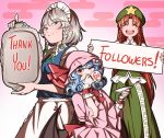 3girls apron bangle bangs blue_eyes blue_hair bow bracelet braid closed_eyes covered_mouth egasumi english_text eyebrows_visible_through_hair followers green_headwear grey_hair hair_over_one_eye hat hong_meiling izayoi_sakuya jewelry long_sleeves maid_apron maid_headdress mefomefo mob_cap multiple_girls open_mouth parted_bangs pink_headwear pointy_ears red_bow red_eyes red_ribbon redhead remilia_scarlet ribbon short_sleeves side_braid smile star_(symbol) touhou twin_braids upper_body wide_sleeves wings 