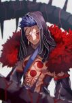  1boy abs blue_hair chest chest_tattoo cu_chulainn_(fate)_(all) cu_chulainn_alter_(fate/grand_order) detached_sleeves earrings facial_mark fate/grand_order fate_(series) fur_collar highres hood jewelry long_hair looking_to_the_side male_focus muscle red_eyes revealing_clothes solo spiked_tail tail tattoo toned toned_male upper_body yoshio_(55level) 