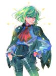  1boy bangs belt bhh4321 cape cravat eyebrows_visible_through_hair gloves green_hair half_gloves highres lio_fotia looking_to_the_side male_focus promare red_neckwear simple_background smile solo violet_eyes white_background 