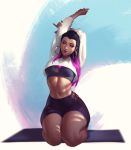  1girl arms_behind_head arms_up black_hair breasts commentary dark_skin earrings gradient_hair highres hoop_earrings jeremy_anninos jewelry lips lipstick looking_down makeup midriff multicolored_hair navel purple_hair reyna_(valorant) seiza shorts sitting solo thick_thighs thighs valorant violet_eyes 