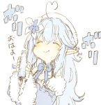  1girl abara_heiki ahoge blue_coat blue_neckwear blush chibi closed_eyes closed_mouth coat commentary eating eyebrows_visible_through_hair flower fur-trimmed_coat fur_trim hair_between_eyes hair_flower hair_ornament hat heart_ahoge holding hololive light_blue_hair long_hair neck_ribbon off_shoulder pointy_ears ribbon simple_background smile solo traditional_media upper_body virtual_youtuber white_background white_headwear yukihana_lamy 