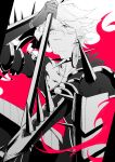  1boy armor bangs blue_eyes collar eyebrows_visible_through_hair eyes_visible_through_hair fate/grand_order fate_(series) greyscale hair_between_eyes highres hukahire0313 jewelry karna_(fate) lance looking_at_viewer male_focus monochrome pale_skin polearm shiny shiny_hair simple_background single_earring smirk solo spiked_collar spikes upper_body weapon white_hair 