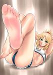  1girl barefoot blonde_hair blush fate/apocrypha fate/grand_order fate_(series) feet green_eyes grin hakase_yurisuki mordred_(fate) mordred_(fate)_(all) short_shorts shorts smile soles 