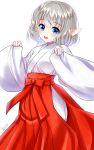  1girl bangs blue_eyes blush dated elf eyebrows_visible_through_hair hakama highres japanese_clothes miko open_mouth original pointy_ears red_hakama short_hair silver_hair simple_background sleeves_past_wrists solo white_background wide_sleeves yamaguchi_yuu 