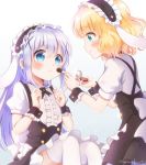  2girls animal_ears aqua_eyes bangs blonde_hair blue_eyes blush center_frills clenched_hands commentary eyebrows_visible_through_hair fake_animal_ears fleur_de_lapin_uniform floppy_ears frilled_hairband frills gochuumon_wa_usagi_desu_ka? gradient gradient_background hair_between_eyes hair_ornament hairband highres kafuu_chino kirima_sharo long_hair makeup makeup_brush medium_hair mozukun43 multiple_girls puffy_short_sleeves puffy_sleeves rabbit_ears short_sleeves simple_background thigh-highs twitter_username wavy_hair white_legwear wrist_cuffs x_hair_ornament 