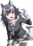  1girl animal_ears blue_eyes blush commentary_request cowboy_shot fangs fur_collar gloves grey_hair grey_jacket grey_necktie grey_skirt grey_thighhighs grey_wolf_(kemono_friends) heterochromia highres jacket kemono_friends kimurayou103 long_hair long_sleeves looking_at_viewer multicolored_hair necktie open_mouth plaid plaid_necktie plaid_skirt pleated_skirt skirt sleeve_cuffs solo tail thigh-highs white_gloves white_hair wolf_ears wolf_girl wolf_tail yellow_eyes zettai_ryouiki 
