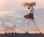  1girl animal_ear_fluff animal_ears arms_behind_back bangs barefoot blonde_hair blurry blurry_background cat cat_ears cat_tail highres kouyafu long_hair original outdoors pleated_skirt profile sailor_collar school_uniform serafuku skirt solo tail twitter_username walking water white_cat 