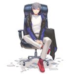  1boy belt black_jacket blue_legwear chair cherico closed_mouth coin copyright_request grey_hair jacket male_focus money multicolored multicolored_clothes office_chair original red_footwear simple_background sitting smile socks solo violet_eyes white_background zipper zipper_pull_tab 
