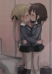  2girls bathroom blonde_hair brown_hair closed_eyes hair_ribbon highres hozonsui imminent_kiss kill_me_baby kiss long_hair multiple_girls necktie oribe_yasuna ribbon school_uniform short_hair skirt sonya_(kill_me_baby) toilet twintails yuri 