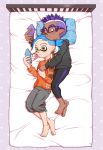  2boys blue_hair cellphone dark_skin dark_skinned_male glasses green_eyes highres holding_hands hood hoodie inkling kouhai_(souzaipan) male_focus multiple_boys on_bed orange_eyes over-rim_eyewear phone pointy_ears purple-framed_eyewear purple_hair semi-rimless_eyewear senpai_(souzaipan) smile souzaipan spiky_hair splatoon_(series) sweatshirt tentacle_hair 