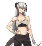  1girl arknights bandages bangs bare_arms bare_shoulders black_pants breasts brown_eyes commentary cowboy_shot crop_top english_commentary hair_between_eyes hand_on_hip horns lim_aya_w long_hair looking_at_viewer midriff navel pants saria_(arknights) silver_hair simple_background small_breasts solo sports_bra standing stomach tail very_long_hair white_background wrist_wrap 