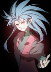  1girl black_background grin light_blue_hair long_hair looking_at_viewer rano ryouko_(tenchi_muyou!) smile solo spiky_hair tenchi_muyou! yellow_eyes 