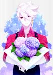 1boy alternate_costume apron bangs blue_eyes bouquet english_text fate/grand_order fate_(series) flower hair_between_eyes heterochromia highres hukahire0313 jewelry karna_(fate) male_focus open_clothes pale_skin pink_shirt red_eyes shiny shiny_hair shirt simple_background single_earring solo upper_body white_hair 