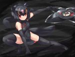  1girl animal_ears bangs bare_shoulders black_dress black_footwear black_gloves black_hair black_legwear black_scarf breasts brown_hair character_request china_dress chinese_clothes dress elbow_gloves full_body fuuma_shuriken gloves hair_between_eyes highres kemono_friends looking_at_viewer medium_breasts multicolored_hair pink_hair red_eyes scarf shoes shuriken solo streaked_hair tadano_magu tail thigh-highs 