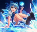  1girl bangs blue_dress blue_eyes blue_hair blue_ribbon blush bow cirno commentary_request dress eyebrows_visible_through_hair fang hair_bow ice ice_crystal ice_wings looking_at_viewer mary_janes null orb pinafore_dress puffy_short_sleeves puffy_sleeves red_ribbon ribbon sayshownen shoes short_hair short_sleeves sitting touhou twitter_username wings 