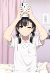  1girl black_hair blurry blurry_background blush brown_eyes cellphone hair_ornament hairclip holding holding_phone iphone mattaku_mousuke one_eye_closed original phone shirt smartphone solo sweatdrop t-shirt twintails uppercut 