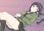  1girl bangs black_eyes black_hair black_legwear blunt_bangs braid commentary_request dated green_neckwear green_sailor_collar green_serafuku green_skirt hair_ribbon kantai_collection kitakami_(kantai_collection) kneehighs long_hair looking_at_viewer neckerchief pleated_skirt ribbon saiki_yuzuri sailor_collar school_uniform serafuku sidelocks skirt solo translation_request tress_ribbon twitter_username 