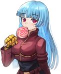  1girl bangs blue_hair bodysuit breasts candy eyebrows_visible_through_hair food gloves highres kula_diamond licking lollipop long_hair looking_at_viewer medium_breasts simple_background sookmo the_king_of_fighters upper_body violet_eyes white_background 