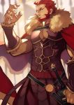  1boy bara beard belt breastplate cape chest cleavage_cutout dark_skin dark_skinned_male facial_hair fate/grand_order fate/zero fate_(series) fur_collar greek_clothes highres iskandar_(fate) large_hands leather looking_to_the_side male_focus manly muscle open_clothes pectorals red_cape red_eyes redhead sleeveless smile solo sword toned toned_male upper_body weapon wrinkles yoshio_(55level) 