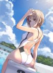 1girl ass back backless_swimsuit bangs blue_sky blurry blurry_background brown_eyes closed_mouth clouds cloudy_sky competition_swimsuit crotch_seam day depth_of_field diving_block from_behind hand_in_hair kiryuu_takahisa light_brown_hair looking_at_viewer looking_back one-piece_swimsuit original outdoors pool short_hair sitting sky smile solo swimsuit white_swimsuit 