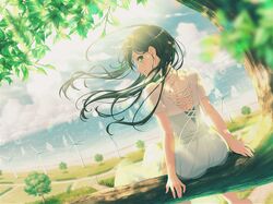 1girl bang_dream! beach black_hair blush cloudy_sky dress grass green_eyes hanazono_tae long_hair official_art tree