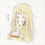  1girl ayu_(mog) blonde_hair blush closed_eyes food fried_egg ghost green_sweater holding holding_food long_hair messy_hair mouth_hold original signature sleepy solo sweater translation_request 
