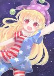  1girl :d american_flag_dress american_flag_legwear arm_up blonde_hair blush clownpiece commentary_request hand_up hat highres jester_cap kibisake looking_at_viewer neck_ruff open_mouth polka_dot_headwear purple_headwear red_eyes short_sleeves sky smile solo star_(sky) star_(symbol) starry_sky touhou 