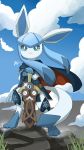  2others blue_dress blue_sky cape closed_mouth clothed_pokemon clouds cloudy_sky commentary commission cosplay creatures_(company) dress english_commentary female fire_emblem fire_emblem:_kakusei fire_emblem_13 fire_emblem_awakening full_body game_freak gen_4_pokemon gen_6_pokemon glaceon harlequinwaffles highres holding holding_pokemon honedge intelligent_systems lucina lucina_(cosplay) lucina_(fire_emblem) lucina_(fire_emblem)_(cosplay) nintendo no_humans olm_digital outdoors pokemon pokemon_(creature) pokemon_dppt pokemon_xy rock sky smile sparkle standing super_smash_bros. the_pokemon_company 