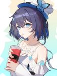  1girl absurdres bare_shoulders black_hair blue_background blue_eyes blue_hair blush butterfly_hat_ornament closed_mouth collarbone commentary_request cup disposable_cup drink drinking drinking_straw fedora gradient gradient_background hat hat_ornament highres holding holding_cup honkai_(series) honkai_impact_3rd kuo_(kuo114514) long_sleeves looking_at_viewer multicolored_hair seele_vollerei short_hair shoulder_cutout smile solo two-tone_hair upper_body white_headwear 