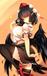  1girl absurdres bird_wings black_hair black_legwear black_skirt black_wings breasts camera closed_mouth collared_shirt feathered_wings from_side geta hat highres holding holding_camera large_breasts leg_lift looking_at_viewer medium_hair midriff miniskirt orange_background pointy_ears pom_pom_(clothes) raptor7 red_eyes red_footwear red_headwear shameimaru_aya shirt short_sleeves skirt smile solo standing standing_on_one_leg tengu-geta thigh-highs tokin_hat touhou white_shirt wings 