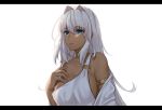  1girl absurdres armlet blue_eyes breasts caenis_(fate) choker dark_skin dress eyebrows_visible_through_hair fate/grand_order fate_(series) gown hair_intakes highres large_breasts letterboxed pkpk_ui short_hair sideboob solo upper_body white_background white_dress white_hair 