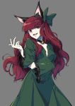  1girl animal_ears bell breasts cat_ears cat_girl cowboy_shot dress frilled_sleeves frills futoumeido grey_background hair_ribbon jingle_bell kaenbyou_rin long_hair looking_at_viewer open_mouth pale_skin red_eyes redhead ribbon slit_pupils smug solo standing touhou very_long_hair 