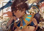  1boy ahoge alternate_costume bangs black_hair brown_hair chest close-up dark_skin dark_skinned_male earrings egyptian_clothes eyeshadow fate/grand_order fate_(series) jewelry looking_at_viewer makeup male_focus ozymandias_(fate) pectorals renos ring smile toned toned_male yellow_eyes 