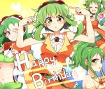  4girls absurdres bangs belt blush breasts brooch closed_eyes collar commentary cowboy_shot crop_top detached_collar elbow_gloves frilled_skirt frills gloves goggles goggles_on_head green_eyes green_hair green_skirt green_tubetop grin gumi hands_up happy_birthday highres jacket jewelry looking_at_viewer megpoid_(vocaloid3) megpoid_(vocaloid4) midriff multiple_girls multiple_persona navel open_mouth orange_jacket orange_shirt orange_skirt pachio_(patioglass) pointing pointing_at_self red_goggles shirt short_hair_with_long_locks short_sleeves sidelocks skirt sleeveless sleeveless_shirt smile suspender_skirt suspenders under_boob vocaloid white_collar yellow_gloves yellow_skirt 