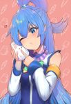  1girl absurdres aqua_(konosuba) bangs bare_shoulders blue_eyes blue_hair blue_shirt blush bottle breasts commentary_request detached_sleeves eyebrows_visible_through_hair hair_ornament heart highres holding holding_bottle kono_subarashii_sekai_ni_shukufuku_wo! long_hair medium_breasts one_eye_closed shirt tihoro1609 upper_body white_sleeves 