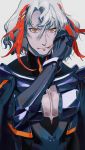  1boy absurdres armor bangs black_armor black_cape blood blood_on_face body_armor cape cleavage_cutout close-up closed_mouth expressionless fate/grand_order fate_(series) gloves highres huge_filesize long_sleeves looking_at_viewer male_focus multicolored_hair odysseus_(fate/grand_order) qmiqun redhead solo streaked_hair two-tone_hair white_background white_hair wiping_mouth yellow_eyes 