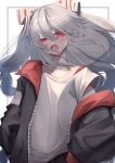  1girl black_jacket blush bow collarbone eyebrows_visible_through_hair eyes_visible_through_hair fall_dommmmmer fujiwara_no_mokou hair_between_eyes hair_bow highres jacket long_hair looking_at_viewer open_mouth red_eyes shirt short_sleeves silver_hair solo touhou unzipped white_bow white_shirt zipper 