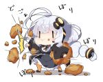  1girl antenna_hair bangs black_jacket blush braid breasts chibi commentary_request dress food food_on_face food_request full_body grey_dress hair_between_eyes hair_ornament headphones headset holding holding_food jacket kizuna_akari large_breasts long_hair long_sleeves milkpanda open_clothes open_jacket orange_legwear pantyhose puffy_long_sleeves puffy_sleeves punching shirt silver_hair sleeves_past_wrists solo standing star_(symbol) striped striped_legwear translation_request twin_braids twintails vertical-striped_legwear vertical_stripes very_long_hair voiceroid white_background white_shirt |_| 