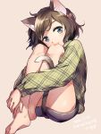  1girl animal_ear_fluff animal_ears bare_legs barefoot beige_background blue_eyes brown_hair cat_ears cat_girl cat_tail commentary_request knees_to_chest knees_up leg_hug long_sleeves looking_at_viewer miniskirt niina_ryou original plaid plaid_shirt shirt short_hair sitting skirt solo tail 