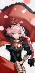  1boy alternate_costume astolfo_(fate) bangs blush bow braid cape cherry_blossoms cloak crown eyebrows_visible_through_hair fang fate/grand_order fate_(series) fur-trimmed_cloak fur_collar fur_trim hair_bow hair_intakes hair_ribbon highres long_braid long_hair long_sleeves looking_at_viewer male_focus multicolored_hair otoko_no_ko pink_hair red_cape ribbon school_uniform serafuku simple_background single_braid smile solo streaked_hair upper_body violet_eyes yoshio_(55level) 