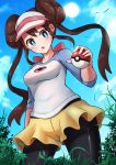  1girl :o bangs black_legwear blue_eyes blush breasts brown_hair clouds commentary_request double_bun eyelashes foliage from_below highres holding holding_poke_ball long_hair looking_at_viewer looking_down mei_(pokemon) open_mouth outdoors pantyhose poke_ball poke_ball_(generic) pokemon pokemon_(game) pokemon_bw2 raglan_sleeves shiny shiny_hair short_shorts shorts sidelocks sky solo sun sweat twintails two-tone_headwear very_long_hair visor_cap wakaba_(wata_ridley) yellow_shorts 