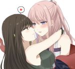  2girls artist_name bangs bare_shoulders black_gloves blush breasts brown_eyes brown_hair closed_mouth commentary embarrassed eyebrows_visible_through_hair face-to-face girls_frontline gloves grey_shirt hair_between_eyes hair_ornament heart hug lips long_hair looking_at_another m4a1_(girls_frontline) multicolored_hair multiple_girls parted_lips pink_hair purple_hair shirt sidelocks simple_background sleeveless sleeveless_shirt smile st_ar-15_(girls_frontline) streaked_hair sui_(camellia) sweat violet_eyes white_background yuri 