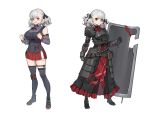  1girl :d absurdres armor asymmetrical_legwear black_ribbon bow bowtie breasts clenched_hands detached_sleeves faulds gauntlets girls_frontline grey_hair grey_legwear hair_ribbon highres labyrinth_of_the_dark large_breasts looking_at_viewer open_mouth pleated_skirt red_eyes red_skirt ribbon shield shoulder_pads single_knee_pad skirt smile spas-12_(girls_frontline) thigh-highs uleuleuleu 