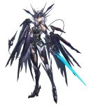  1girl ahoge armor blue_eyes covered_navel expressionless full_body headgear highres mecha_musume mechanical_tail mechanical_wings medium_hair morichika_shuuto original science_fiction skin_tight solo sword tail weapon white_background white_hair wings 
